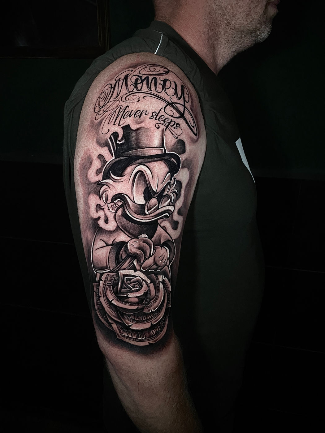 Money Never Sleeps character sleeve in black and grey