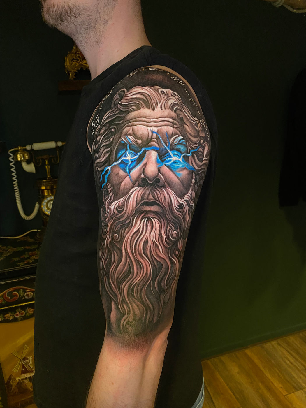 Zeus statue with lightning eyes colour realism